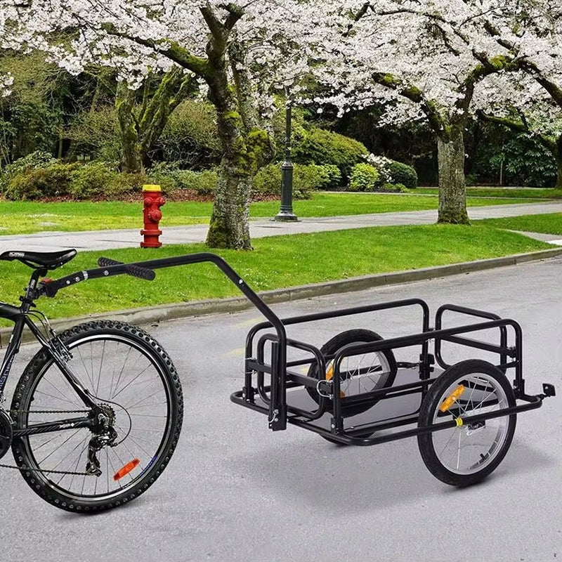 Folding Bicycle Cargo Trailer Foldable Drawbar Collapsible Sides Detachable Front and Back Gates Bike Trailer Wagon
